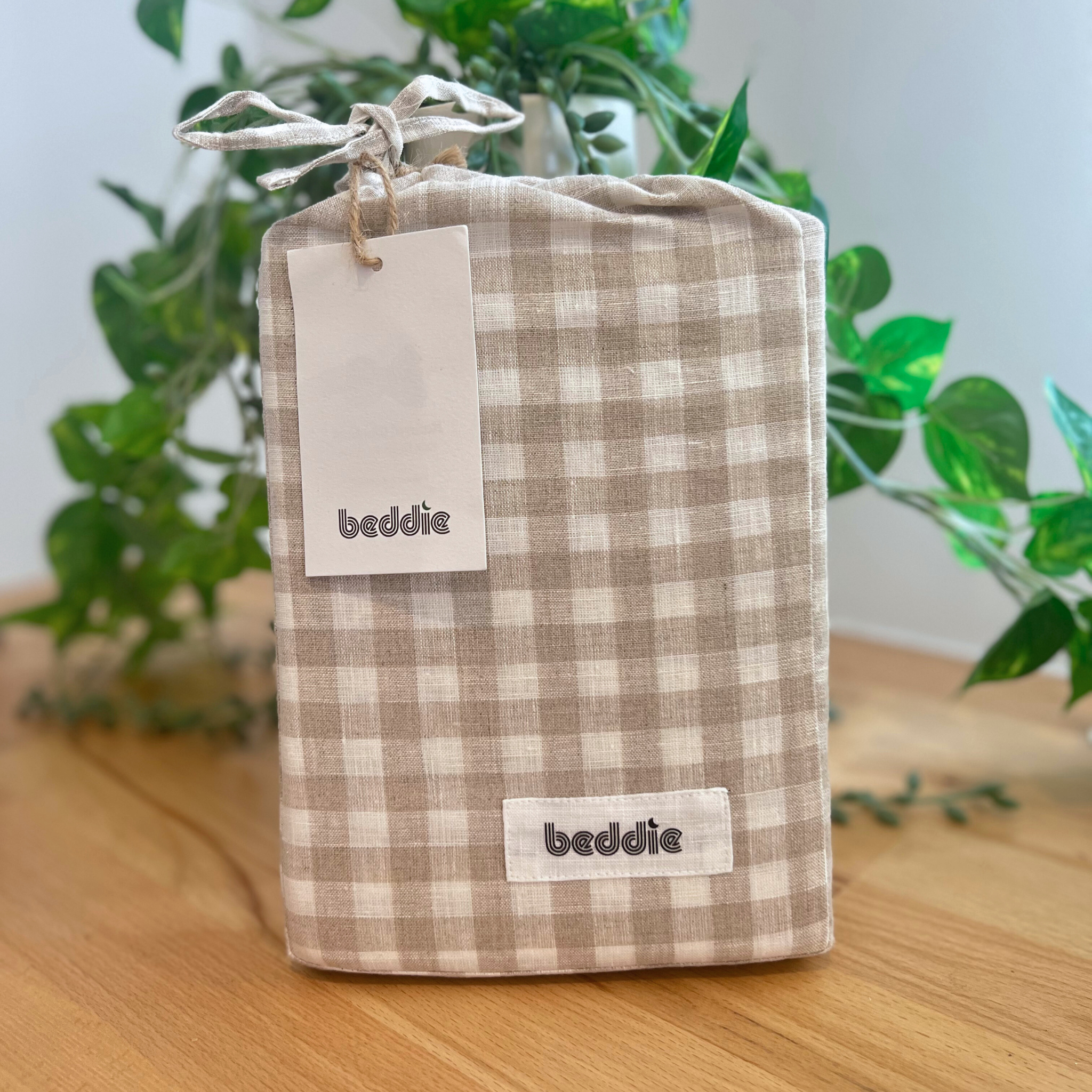Natural Gingham Linen King Flat Sheet