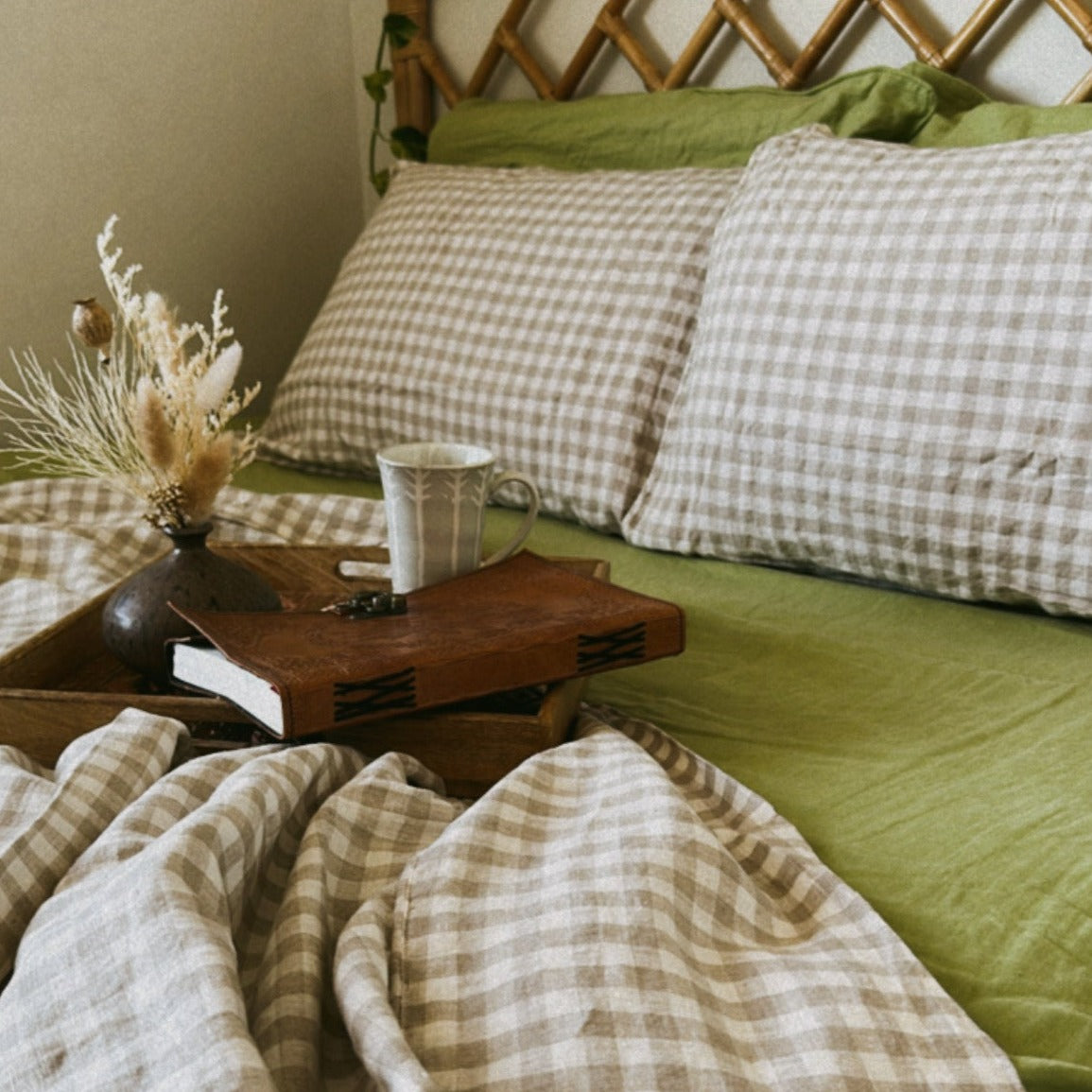 Natural Gingham Linen Queen Flat Sheet